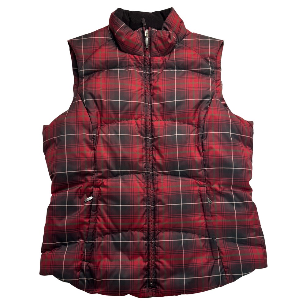 Eddie Bauer Womens Red Plaid Premium Goose Down Puffer Vest Size M Quilted Zip
